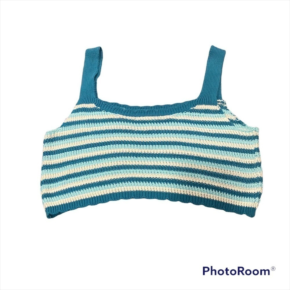 Wild Fable Women's Scoop Neck Sweater Knit Tank Top Dark Teal Blue Striped XXL